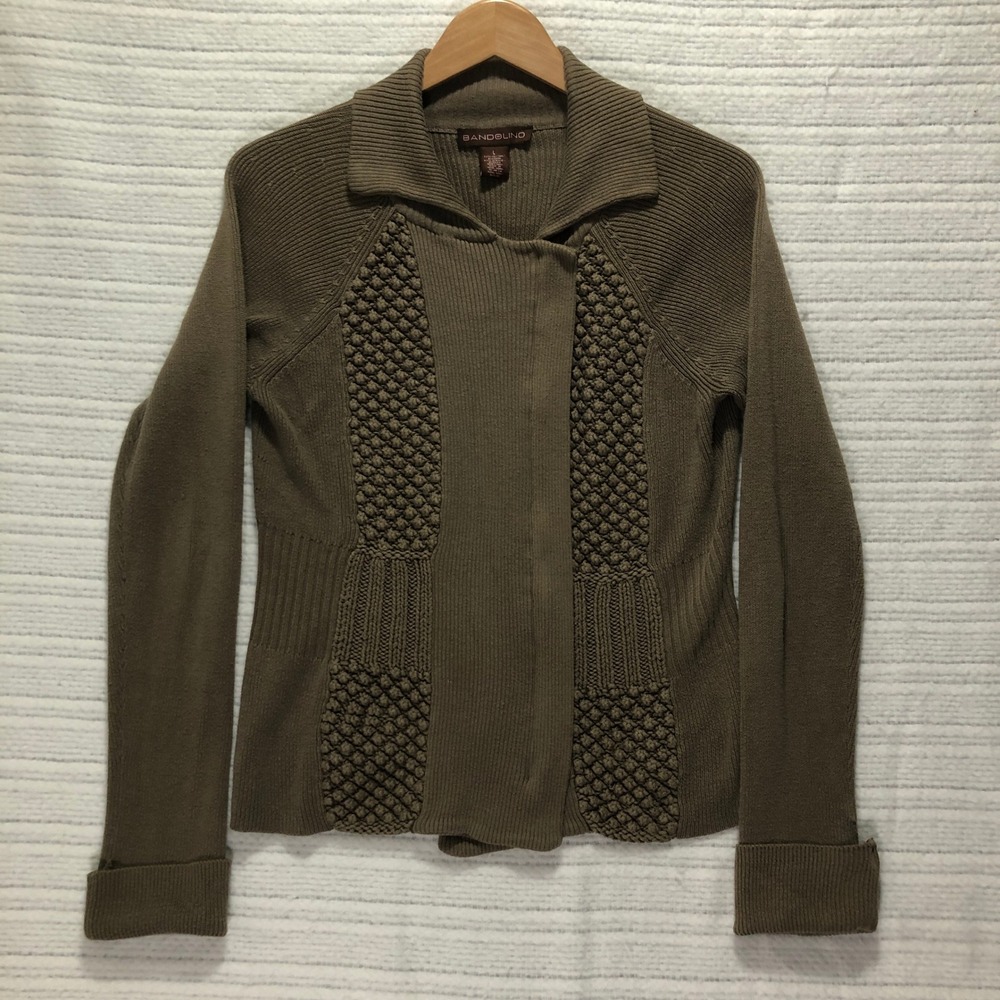 Bandolino Knit Moto Jacket Full Zip Textured Olive Green Cardigan Size L